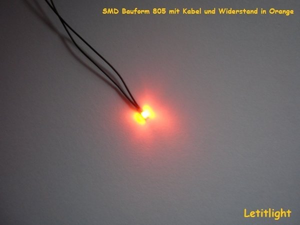 805 LED orange prête à être connectée avec câble et résistance